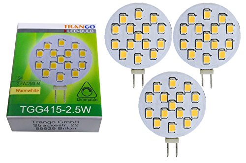Trango 3er Set G415-2.5 * 3 LED Leuchtmittel G4 2,5W = 25W herkömmlichen Leuchtmittel, 250 Lumen, 3000K Warmweiß, 12V AC/DC LED Lampe für Möbel Einbaustrahler, Schrankleuchte, Deckenleuchte Trango 3er Set G415-2.5 * 3 LED Leuchtmittel G4 2,5W = 25W herkömmlichen Leuchtmittel, 250 Lumen, 3000K Warmweiß, 12V AC/DC LED Lampe für Möbel Einbaustrahler, Schrankleuchte, Deckenleuchte von Trango