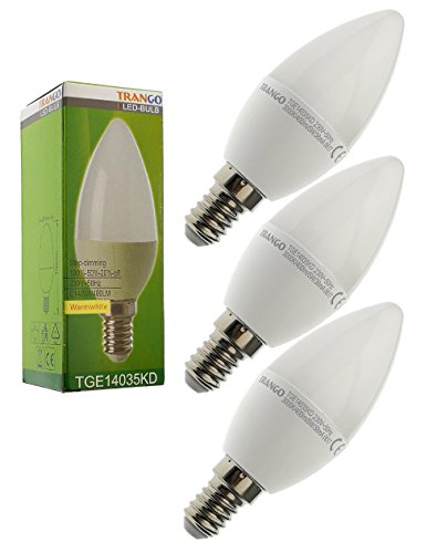 Trango 3er Pack E14035KD*3 LED Birne 3-Stufen dimmbar - 5 Watt - 400 Lumen 3000K Warmweiß - Ersatz für 40W Glühbirne - Kerzen LED Lampe Leuchtmittel mit E14 Fassung Abstrahlwinkel 170° Trango 3er Pack E14035KD*3 LED Birne 3-Stufen dimmbar - 5 Watt - 400 Lumen 3000K Warmweiß - Ersatz für 40W Glühbirne - Kerzen LED Lampe Leuchtmittel mit E14 Fassung Abstrahlwinkel 170° von Trango
