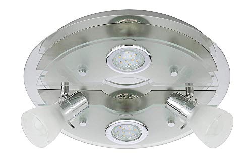 Trango 4-flammig 3560-042 LED Deckenstrahler Edelstahl-Optik mit Satiniertes Glaslampenschirm *FREYA* inkl. 4x LED Leuchtmittel 3.000K warmweiß Badleuchte, Flurleuchte, Küchenleuchte, LED Deckenlampe von Trango