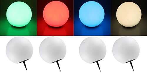 Trango 4er Set SO-001 IP44 LED-Solarleuchte in 20cm Durchmesser Weiß matt mit 3000K warmweiß LED & RGB Farbwechsel LED *SNOWY* Solarkugel Leuchte Leuchtkugel, Außenleuchte, Kugellampe, Gartenleuchte von Trango