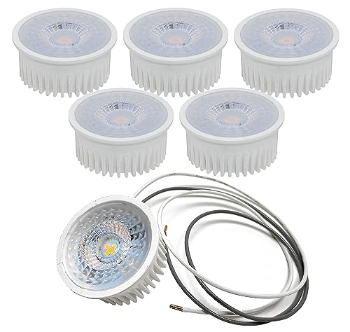 Trango 5er Pack 5 Watt 3 Stufen dimmbar MCOBSD-C*5 LED Modul inkl. je 75cm Kabel T: 3cm 3000K warmweiß zum Austauschen Einbauleuchte, Deckenstrahler, Einbaustrahler GU10 & MR16 Halogen Leuchtmittel von Trango