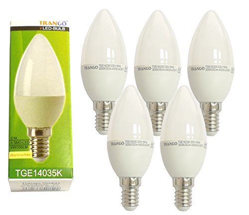 Trango 5er Pack E14 LED Candle Kerze Leuchtmittel E14035K*5 Glühbirne Glühlampe 4 Watt - 350 Lumen - 3000K warmweiß zum Austausch herkömmlichen Glühbirnen 180° von Trango