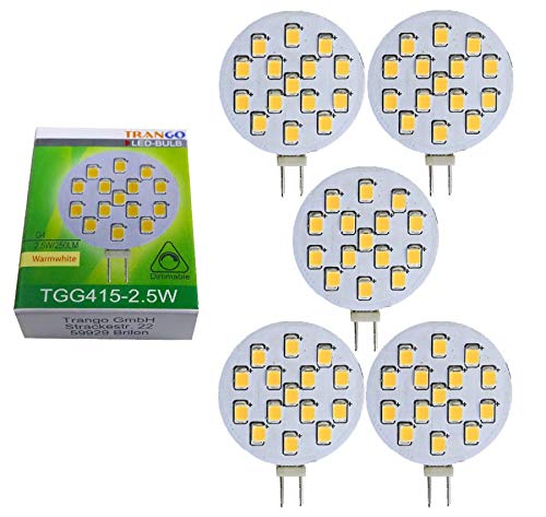 Trango 5er Set LED Leuchtmittel G4 Fassung G415-2.5*5 zum Austausch MR16 Halogen Leuchtmittel 12Volt AC/DC 2.5 Watt 250 Lumen 3000K warmweiß Möbel Einbaustrahler, Schrank Einbauleuchte, Deckenleuchte von Trango