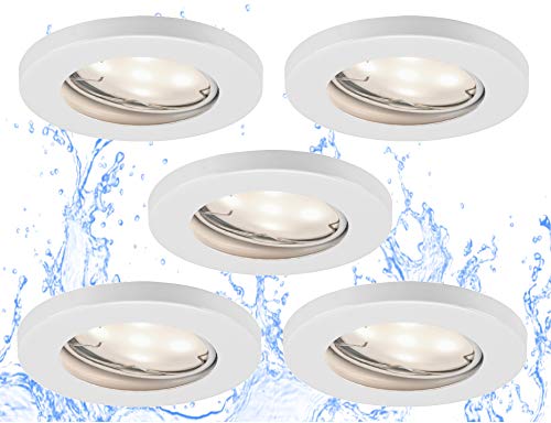 Trango 5er Set dimmbare IP44 LED Einbaustrahler in Weiß TG6729IP-056GU5SD I Einbauleuchten incl. 5x 5 Watt dimmbare GU10 LED, Bad Spots, Bad Deckenspots, Deckenstrahler, Einbauspots, Spots von Trango