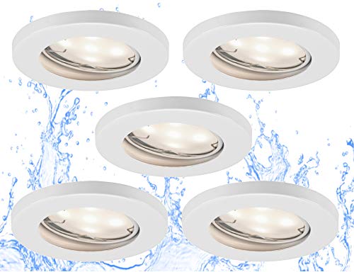 Trango 5er Set dimmbare IP44 LED Einbaustrahler in Weiß 6729IP-056GUSD I Einbauleuchten incl. 5x 5 Watt dimmbare GU10 LED, Bad Spots, Bad Deckenspots, Deckenstrahler, Einbauspots, Spots von Trango