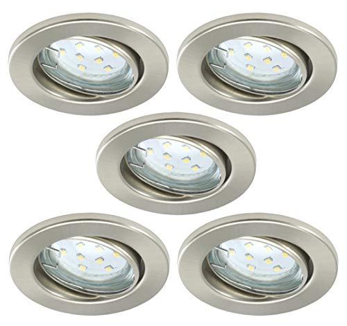 Trango 5er Set LED Einbaustrahler in Rund Edelstahl-Optik 6729-052GUSD Einbauleuchte, Badleuchte, Deckenstrahler, Einbauspots inll. 5x 3-Stufen 5 Watt dimmbar GU10 LED Leuchtmittel Deckenleuchte von Trango