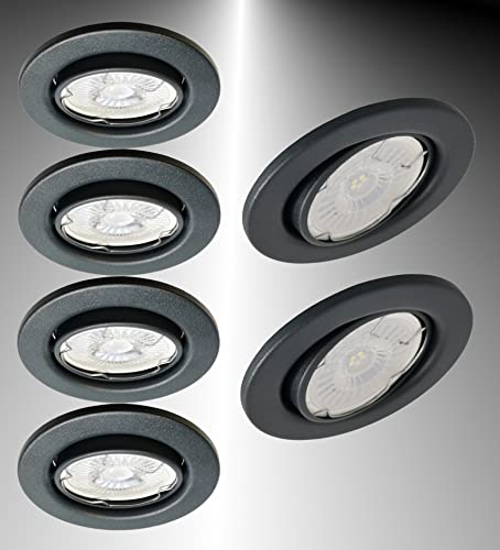 Trango 6er Set 6729-061MCOB LED Einbaustrahler in Anthrazit matt schwenkbar inkl. 6x 5 Watt 3000K warmweiß Ultra Flach LED Modul, Einbauspots, Deckenstrahler, Deckenlampe, Badleuchte, Deckenleuchte von Trango