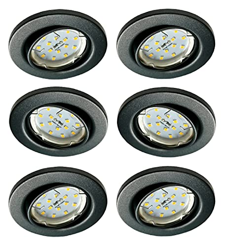 Trango 6er Set 6729-061MO LED Einbaustrahler in Anthrazit matt schwenkbar inkl. 6x 5 Watt 3000K warmweiß Ultra Flach LED Modul, Einbauspots, Deckenstrahler, Deckenlampe, Badleuchte, Deckenleuchte von Trango