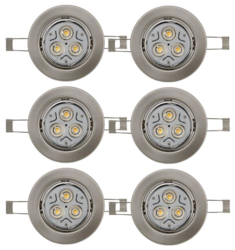 Trango 6er Set 6729-062HPAK Einbaustrahler in Rund Nickel matt inkl. 6x 4,2 Watt GU10 LED Leuchtmittel 3000K warmweiß & 6x GU10 Lampenfassung, Einbauleuchten, Deckenspots, Einbauspots, Deckenleuchte von Trango