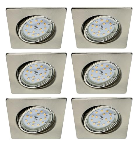 Trango 6er Set 6729-062SMOSD LED Einbaustrahler Nickel matt Eckig inkl. 6x 5 Watt 3 Stufen dimmbar Ultra Flach LED Modul 3000K warmweiß Einbauleuchte, Deckenspot, Einbauspot, Deckenleuchte, Downlight von Trango