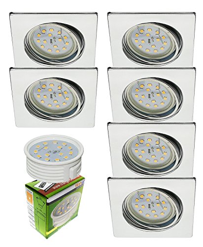 Trango 6er Set 6729-068SMOSD LED Einbaustrahler in Chrom-Optik Eckig inkl. 3 Stufen dimmbar Ultra Flach LED Modul Leuchtmittel 3000K warmweiß, Einbauleuchte, Deckenspot, Einbauspot, Deckenleuchte von Trango