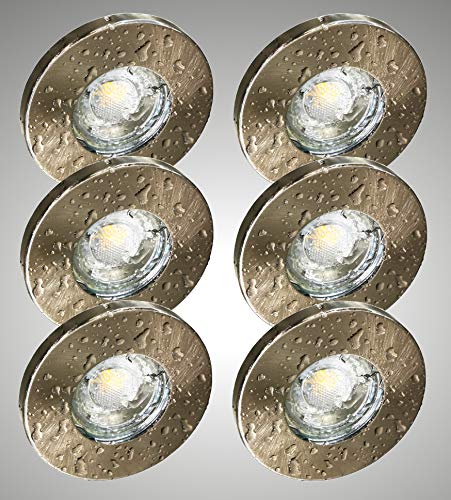 Trango 6er Set 6729IP-062GCOBAK IP44 LED Einbaustrahler in Nickel matt inkl. 6x 5 Watt GU10 LED Leuchtmittel 3000K warmweiß Einbauleuchte - Badleuchte - Deckenspots - Deckenstrahler - Deckenleuchte von Trango