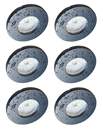 Trango 6er Set 6729IP65-061MO IP65 LED Einbaustrahler in Anthrazit matt inkl. 6x 5 Watt 3000K warmweiß Ultra Flach LED Modul für Bad Einbauspots, Dusche Deckenstrahler, Deckenlampe, Badleuchte von Trango