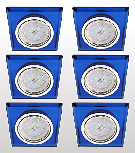 Trango 6er Set 6736B-06GUSD *BLUE CRYSTAL* Deckenstrahler aus Echtglas (handgeschliffen) & Alu inkl. 6x 3-Stufen dimmbar GU10 LED Leuchtmittel 3000K warmweiß Einbauleuchte Deckenleuchte Einbaustrahler von Trango