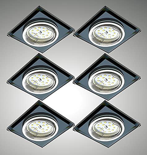 Trango 6er Set 6736S-06MOSD *BLACK CRYSTAL* LED Deckenstrahler aus schwarzem handgeschliffenem Glas & Alu inkl. 6x 3-Stufen dimmbar Ultra Flach LED Modul, 3000K warmweiß, Einbauleuchte, Deckenleuchte von Trango