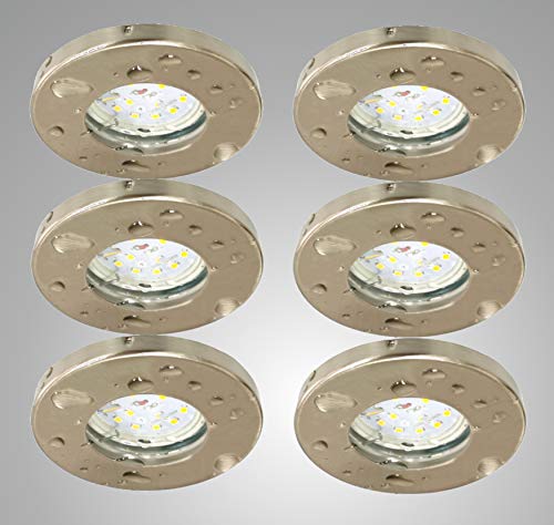 Trango 6er Set 6729IP-062BAK IP44 Einbaustrahler Edelstahl gebürstet inkl. 6x 3 Watt GU10 LED Leuchtmittel 3000K warmweiß & GU10 Fassung, Außen Einbauleuchte, Badleuchte, Deckenleuchte, Deckenstrahler von Trango