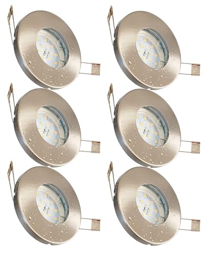 Trango 6er Set 6729IP-062-5WAK IP44 Einbaustrahler Edelstahl gebürstet inkl. 6x 5 W GU10 LED Leuchtmittel 3000K warmweiß Bad, Dusche, Feuchtraum Einbauleuchte, Badleuchte, Deckenspot, Deckenstrahler von Trango