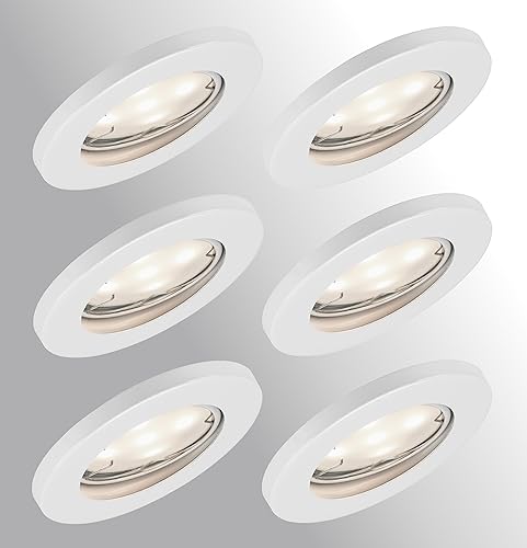 Trango 6er Set IP44 Einbaustrahler 6729IP-066-5WAK in Weiß matt inkl. 6x 5 Watt GU10 LED Leuchtmittel 3000K warmweiß & Fassung für Bad, Außen, Dusche Einbauleuchte, Badleuchte, Deckenstrahler von Trango