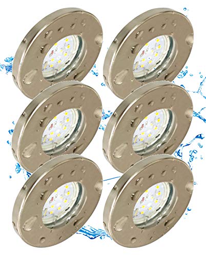 Trango 6er Set IP65 LED Einbaustrahler 6729IP65-062MOSD aus Edelstahl gebürstet incl. 6x 3000K warmweiß 3-Stufen dimmbar Ultra Flach LED Modul für Bad, Dusche, Einbauspots, Deckenstrahler, Deckenlampe von Trango