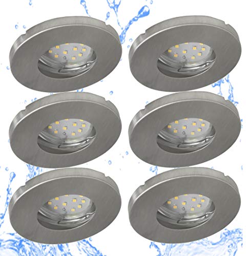 Trango 6er Set 6729IP65-069MOSD IP65 LED Einbaustrahler aus ALU gebürstet incl. 6x 3000K warmweiß 3-Stufen dimmbar Ultra Flach LED Modul für Bad, Dusche, Einbauspots, Deckenstrahler, Deckenlampe von Trango