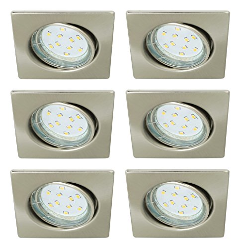 Trango 6er Set LED Einbaustrahler 6729-062SB in Nickel matt Eckig incl. 6x 3 Watt 3000K warmweiß GU10 LED Leuchtmittel und Fassung, Einbauleuchte, Deckenspots, Einbauspots, Deckenleuchte, Spots von Trango