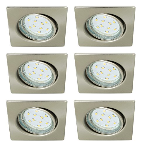 Trango 6er Set LED Einbaustrahler 6729-062S-5WAK in Nickel matt Eckig incl. 6x 5 Watt 3000K warmweiß GU10 LED Leuchtmittel und Fassung, Einbauleuchte, Deckenspots, Einbauspots, Deckenleuchte, Spots von Trango