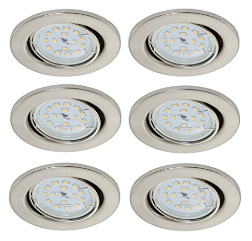 Trango 6729-062GUSDAK 6er Set LED Deckenstrahler in Edelstahl-Optik Rund inkl. 6x 5 Watt 3-Stufen dimmbar GU10 LED Leuchtmittel 3000K warmweiß Einbaustrahler, Einbauspot, Deckenleuchte, Deckenspots von Trango