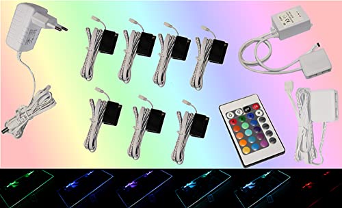 Trango 7er Set RGB Farbwechsel LED Glaskantenbeleuchtung inkl. Fernbedienung 5022-07 Schrankbeleuchtung Glasbodenbeleuchtung Vitrinenbeleuchtung Clips Möbelbeleuchtung Licht für Ihre Vitrine von Trango