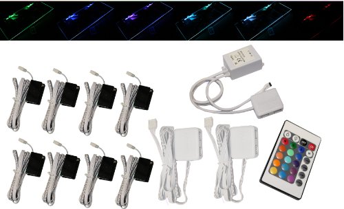 Trango 8er Set 5022-08 RGB Farbwechsel LED-Glaskantenbeleuchtung inkl. Fernbedienung Schrankbeleuchtung I Glasbodenbeleuchtung I Vitrinen Beleuchtung I LED Clips I Möbelbeleuchtung von Trango