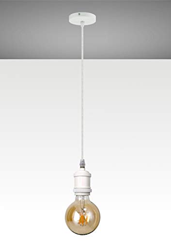 Trango 9000WL LED Retro Pendelleuchte in Weiß matt inkl. 1x E27 4 Watt LED Amber *VINTAGE* Glühbirne 2500K warmweiß Gold farbig, Hängelampe nostalgisch inkl. 110cm Textilkabel & Schraubring von Trango