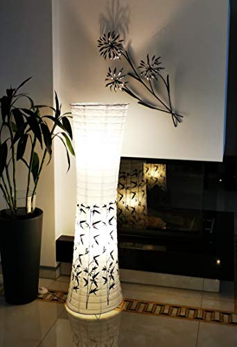 Trango Design Stehlampe 1217L *BEIJING* Reispapierlampe *HANDMADE* in Weiß mit Bambus Motiv inkl. 2x 5 Watt E14 LED Leuchtmittel - Form: Rund - Höhe: ca. 125cm Wohnraumlampe - Stehleuchte - Reispapier von Trango