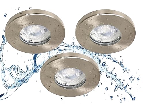 Trango 3er Set IP65 Einbaustrahler 6729IP65-032MCSD-C in Nickel matt inkl. 3x 5W mit je 75cm Kabel 3-Stufen dimmbar LED Modul 3000K warmweiß Dusche, Bad Einbauleuchte, Deckenstrahler, Deckenlampe von Trango