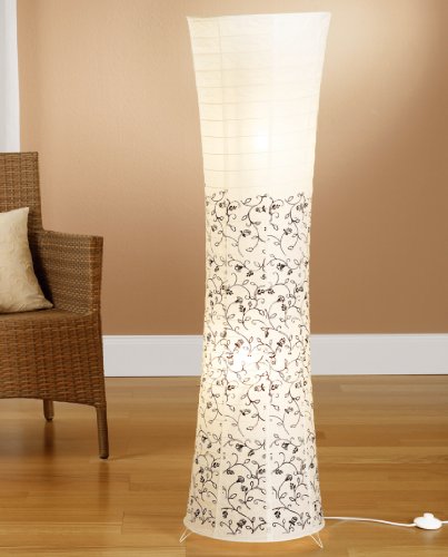 Trango 1240L Modern Design LED Reispapier Stehlampe *KOS* in Rund Weiß mit floralem Muster Papierlampe, 125cm Hoch incl. 2x E14 LED Leuchtmittel als Wohnzimmer Deco Lampe, Standleuchte, Lampenschirm von Trango