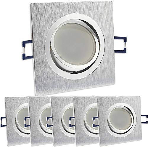 6x LED Einbaustrahler Set eckig - silber gebürstet 6,5 Watt kaltweiß dimmbar 230V flach (30mm Tiefe) - Decken-Leuchte schwenkbar 68mm - Einbau-Spot von Trano