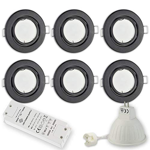 6x LED Einbaustrahler graphit rund 7 Watt warmweiß 12V - MR16 Einbauleuchte schwenkbar Ø70mm Bohrloch - Einbau-Spot Decken-Strahler Deckeneinbaustrahler Deckenspot Deckeneinbauleuchte von Trano
