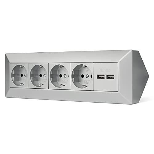 Möbel-Steckdose 4-fach 2x USB für Küche und Büro - Ecksteckdose in silber aus hochwertigem Kunststoff ideal für Arbeitsplatte, Tischsteckdose oder Unterbausteckdose mit 4-Steckdosenelement von Trano