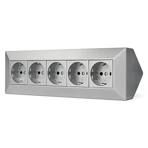 Möbel-Steckdose 5-fach für Küche und Büro - Ecksteckdose in silber aus hochwertigem Kunststoff ideal für Arbeitsplatte, Tischsteckdose oder Unterbausteckdose 5x Steckdosenelement Küchensteckdose von Trano