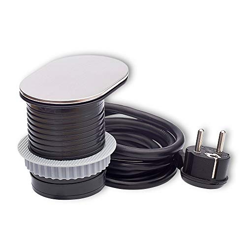 Möbel-Steckdose versenkt für Küche und Büro - 1-fach mit USB aus Edelstahl für Schreibtisch - 1,9 Meter Kabel, Arbeitsplatte, Tischsteckdose, Unterbausteckdose, Küchensteckdose von Trano