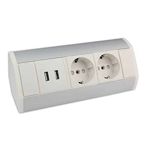 Möbel-Steckdose weiß mit 2x Schuko + 2x USB - hochwertige Ecksteckdose aus Aluminium ideal für Arbeitsplatte, Tischsteckdose oder Unterbausteckdose Steckdosenelement von Trano