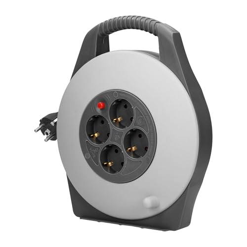 Robuste Kabeltrommel mit 4 Steckdosen 2P+E (Schuko), 10m PVC H05VV-F 3x1mm² Kabel, Grau, Sicherheitsrollläden, IP20 von Trano
