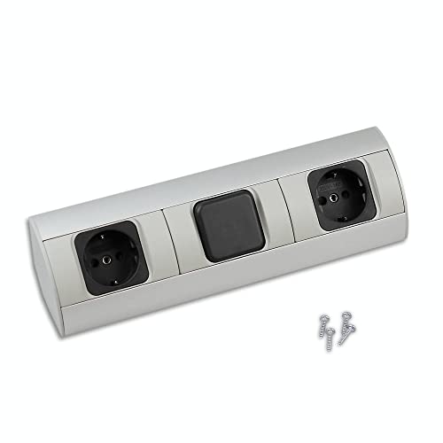 Steckdose für Küche und Büro - hochwertige Ecksteckdose aus Aluminium ideal für Arbeitsplatte, Tischsteckdose oder Unterbausteckdose mit jeweils 2x Standard und 1x Schalter | 2x Schuko, 1x Schalter von Trano