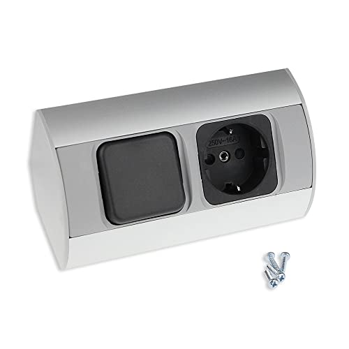 Steckdose mit Schalter/Lichtschalter für Küche und Büro - hochwertige Ecksteckdose aus Aluminium ideal für Arbeitsplatte, Tischsteckdose oder Unterbausteckdose | 1x Schuko, 1x Schalter von Trano