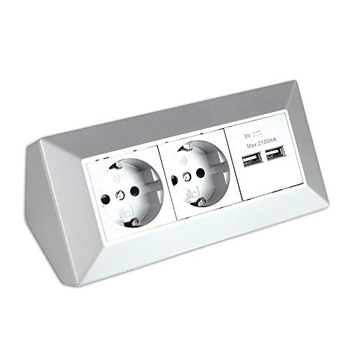 Steckdose silber 2-fach mit USB für Küche und Büro - Ecksteckdose aus hochwertigem Kunststoff ideal für Arbeitsplatte, Tischsteckdose oder Unterbausteckdose mit 2-fach Steckdosenelement und Steckdose silber 2-fach mit USB für Küche und Büro - Ecksteckdose aus hochwertigem Kunststoff ideal für Arbeitsplatte, Tischsteckdose oder Unterbausteckdose mit 2-fach Steckdosenelement und von Trano