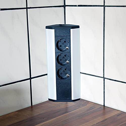 Trano Steckdose für Küche und Büro - Ecksteckdose aus Aluminium und hochwertigem Kunststoff ideal für Arbeitsplatte, Tischsteckdose oder Unterbausteckdose mit 3-Fach Steckdosenelement | 3er Steckd von Trano