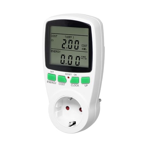 Zweitarif-Leistungsmesser mit LCD-Display und Eingebautem Akku, Max. Belastung 3680W, 230V~, 50Hz, Schuko (Typ F) Steckdose, IP20, Weiß von Trano