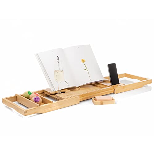 Tranquil Beauty Badewannenablage ausziehbar - Nachhaltiges Bambus Badewannenbrett mit Tablet- und Handyhalter - Verstellbares Luxus Holz Badewannentablett mit Weinhalter - Premium Badewannenauflage von TranquilBeauty