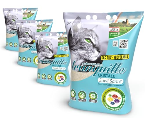 TRANQUILLE - Katzentoilette aus Silizium (4 × 4 l) – Gesundheitstracking, Urinfarbe, Ultra-saugfähig, 30 J, Geruchskontrolle, staubfrei, feine Körnung, leicht zu reinigen von Tranquille