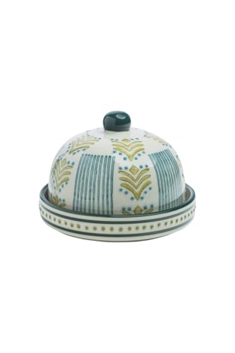 Tranquillo Käseglocke ORIENTAL aus Steinzeug mit handgestempeltem Print grün-türkis, 14x14x10 cm von Tranquillo