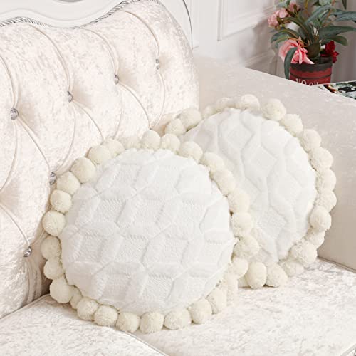 Tranqun Boho-Kissenbezug, 40 cm, rund, Bohemian-Stil, dekorativer Kissenbezug, handgetuftet mit groben strukturierten Pompons, Kissen für Couch, Sofa, Bett, Pouf, Yoga, Beige/Weiß, 2 Stück von Tranqun