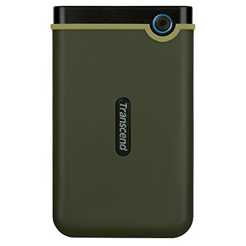 Transcend TS1TSJ25M3G 1TB externe Festplatte (HDD) in dunkelgrün mit Backup-Funktion (Datensicherung per Knopfdruck) und Schutzhülle, stoßfest, robust Plug und Play von Transcend